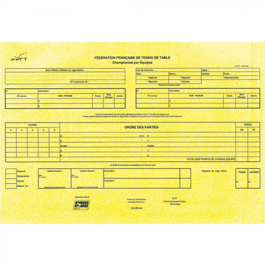 Feuilles de match 2 joueurs